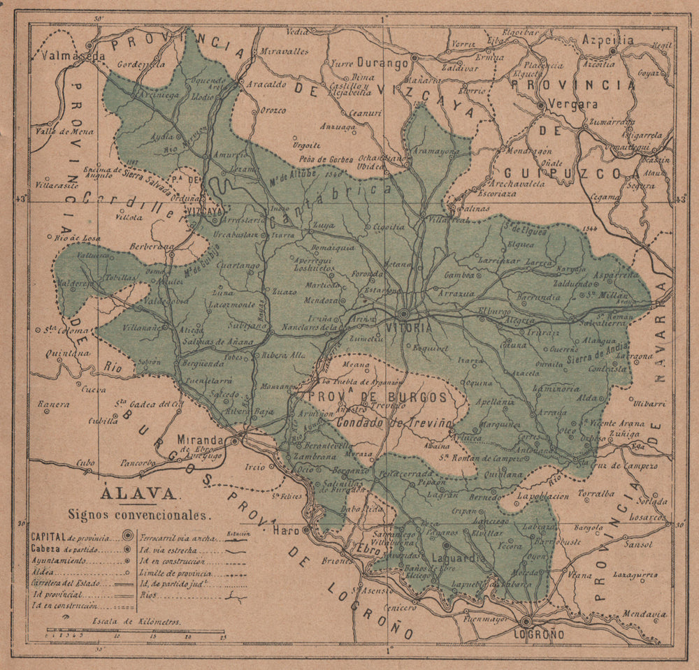 ÁLAVA ALAVA ARABA. Vitoria. Gasteiz. Euskadi. Mapa antiguo de la provincia 1908