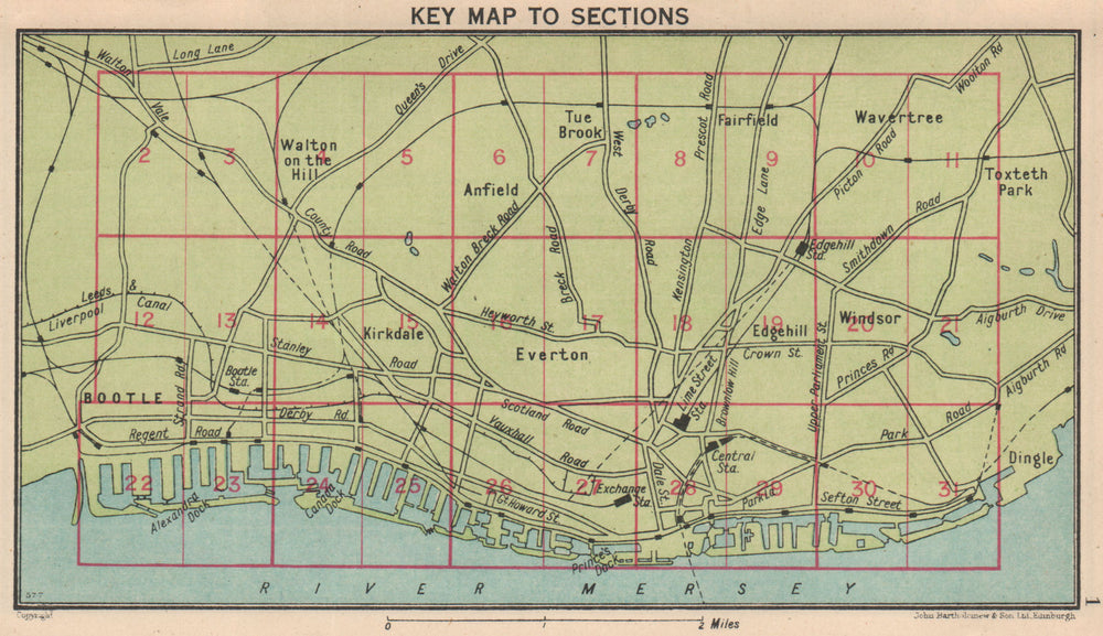 LIVERPOOL. Key map to sections 1949 old vintage plan chart