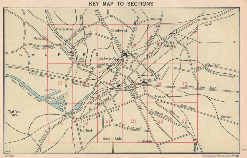 MANCHESTER. Key map to sections 1927 old vintage plan chart