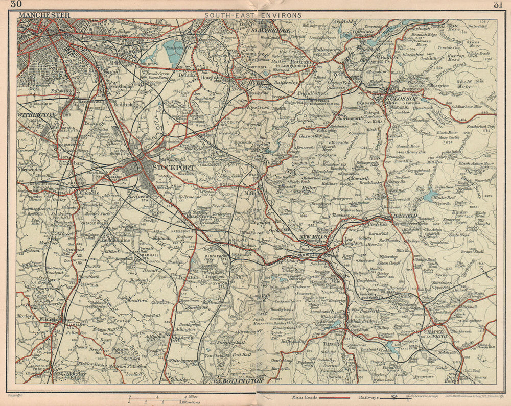 SE MANCHESTER Stockport Glossop Hyde Stalybridge Wilmslow Alderley Edge 1927 map