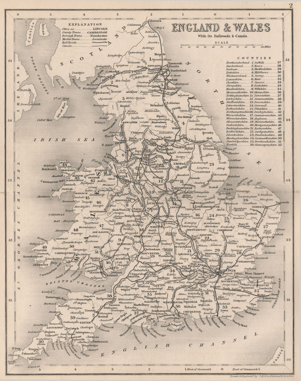 ENGLAND & WALES with its railrods & canals by ARCHER/DUGDALE 1845 old map