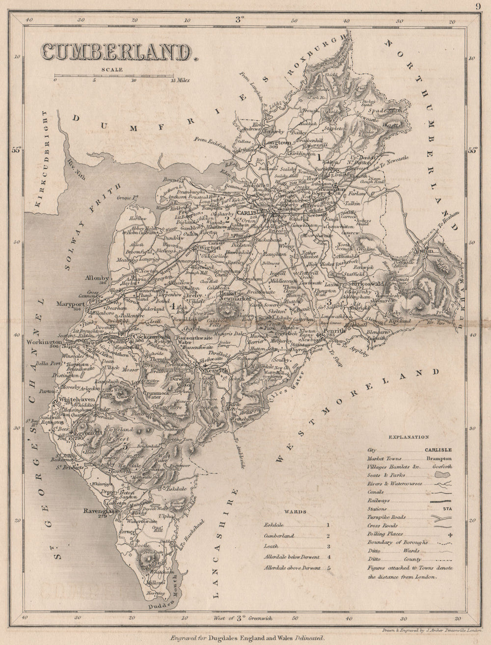 CUMBERLAND county map by DUGDALE/ARCHER. Cumbria. Lake District. Seats 1845