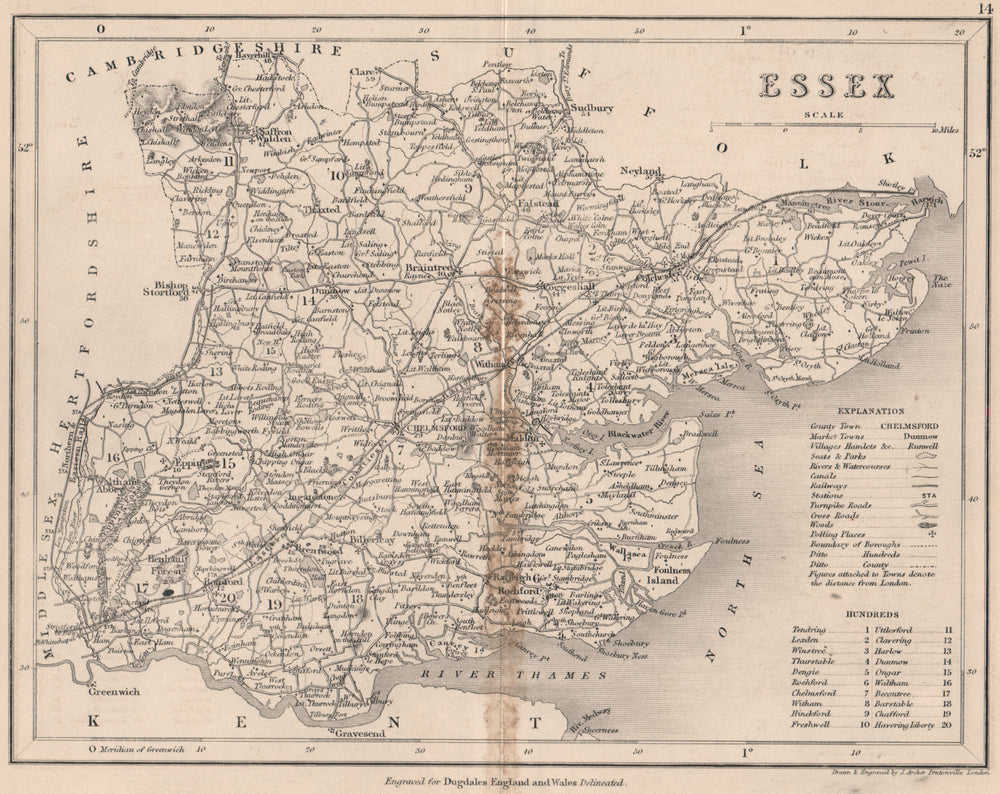 ESSEX county map by DUGDALE/ARCHER. Seats canals polling places 1845 old