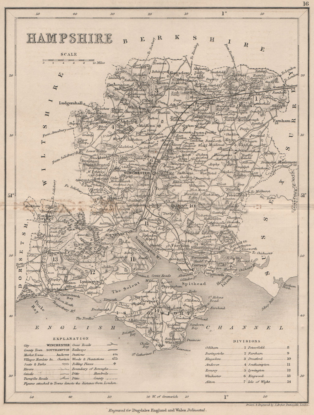 HAMPSHIRE county map by DUGDALE/ARCHER. Seats canals polling places 1845
