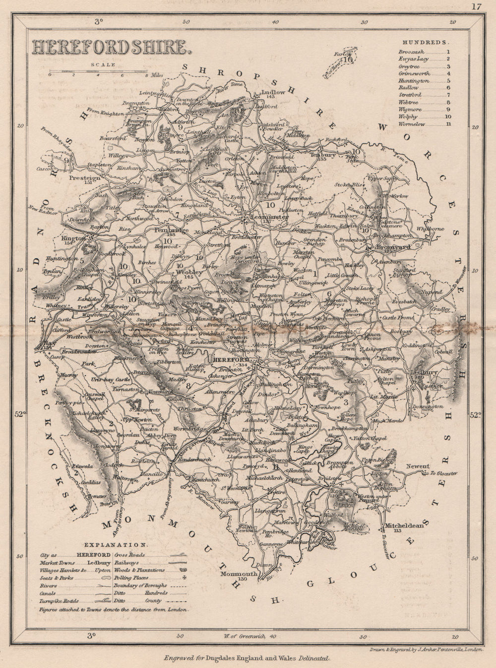 HEREFORDSHIRE county map by DUGDALE/ARCHER. Seats canals polling places 1845