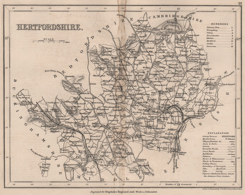 HERTFORDSHIRE county map by DUGDALE/ARCHER. Seats canals polling places 1845