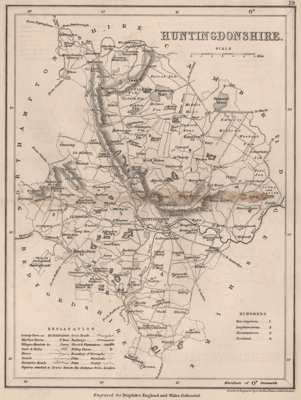 HUNTINGDONSHIRE county map. DUGDALE/ARCHER. Seats canals polling places 1845