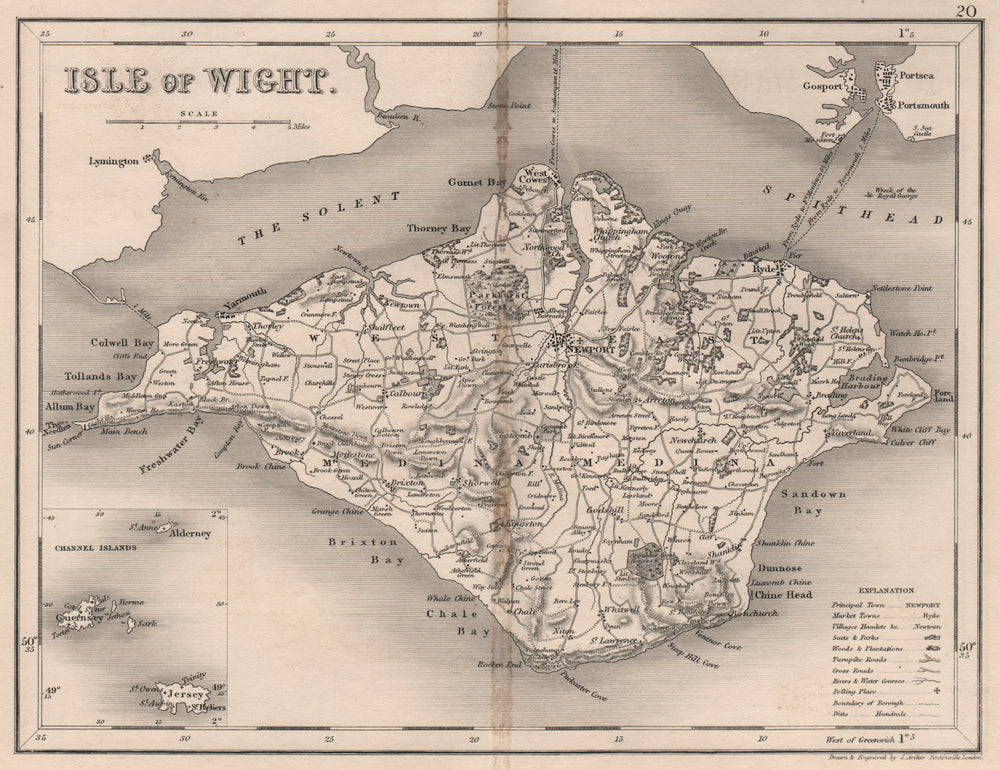 ISLE OF WIGHT map by DUGDALE/ARCHER. Seats polling places 1845 old antique