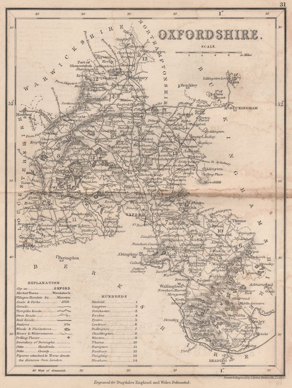 OXFORDSHIRE county map by DUGDALE/ARCHER. Seats canals polling places 1845