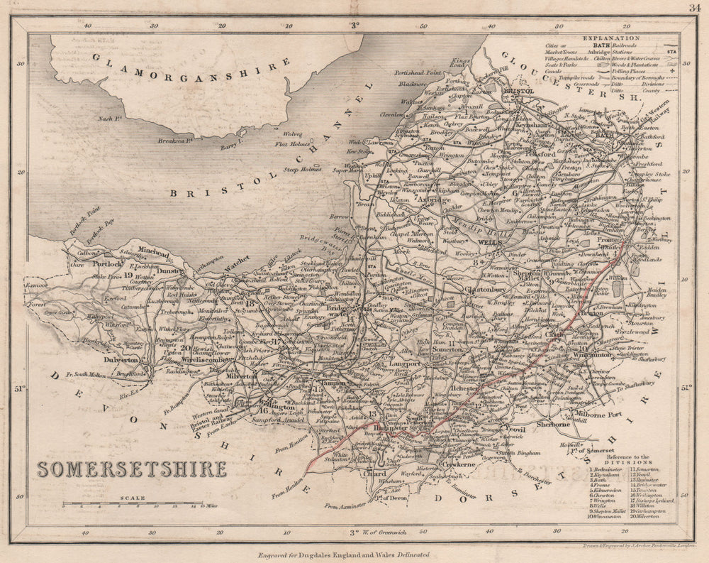 SOMERSETSHIRE county map by DUGDALE/ARCHER. Seats canals polling places 1845