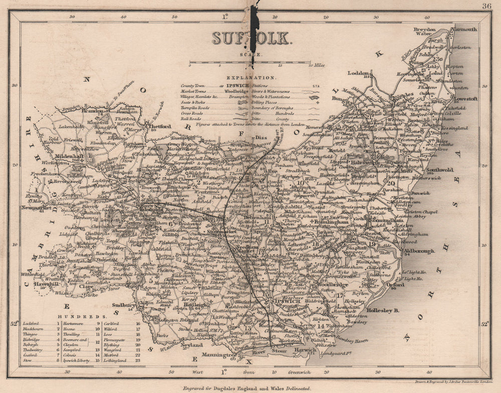 SUFFOLK county map by DUGDALE/ARCHER. Seats polling places 1845 old