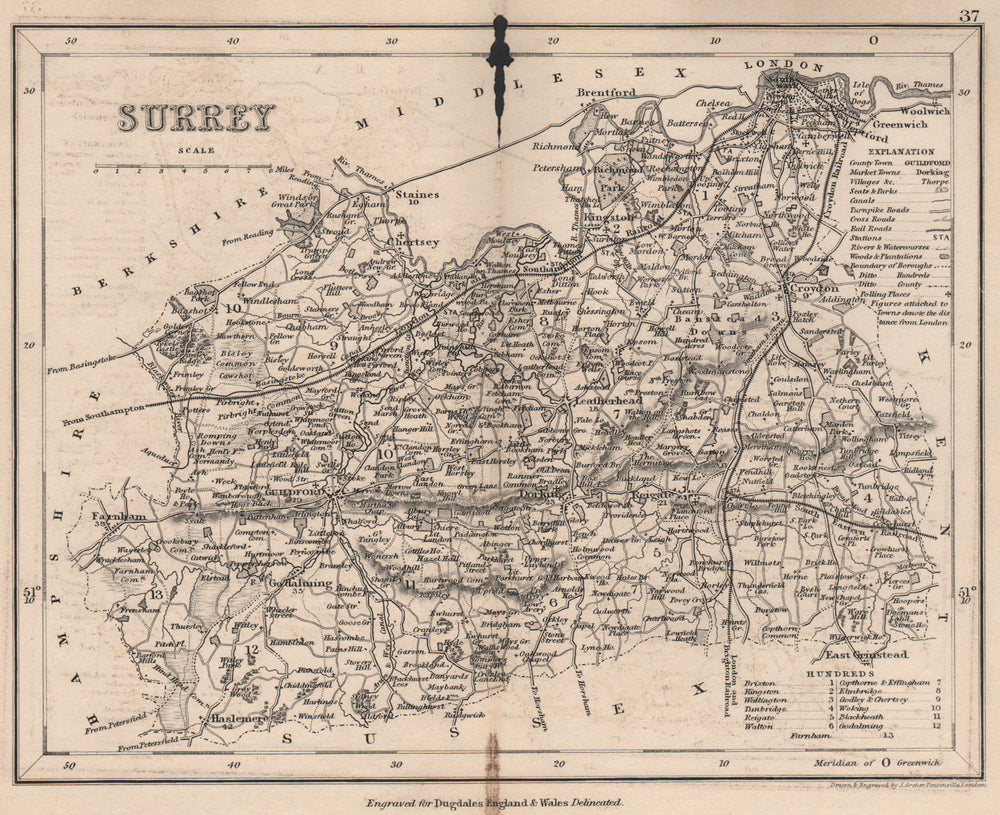 SURREY county map by DUGDALE/ARCHER. Seats canals polling places 1845 old