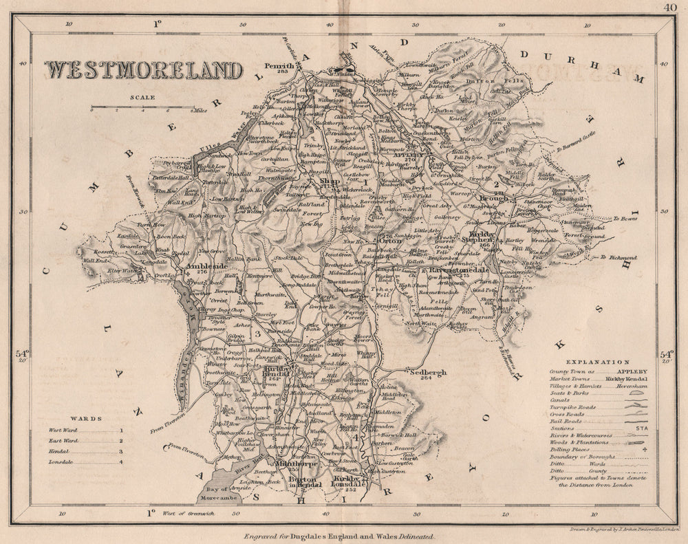 WESTMORELAND county map by DUGDALE/ARCHER. Lake District. Canals seats 1845
