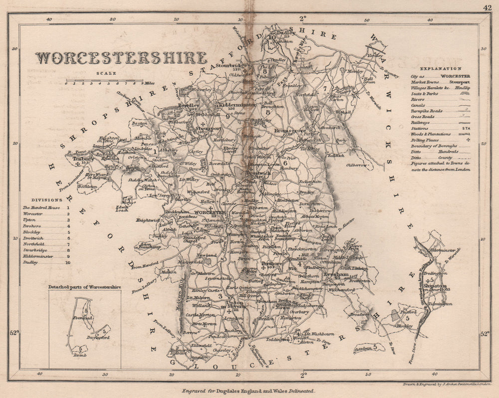 WORCESTERSHIRE county map. DUGDALE/ARCHER. Seats canals polling places 1845