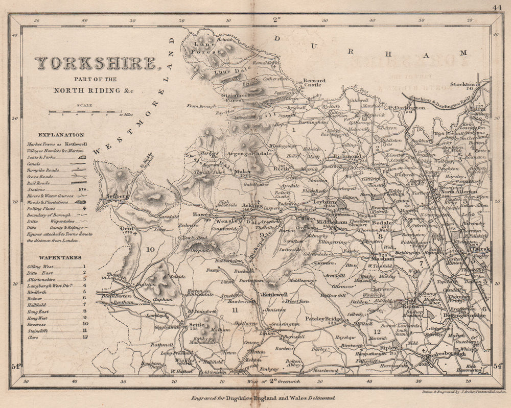 YORKSHIRE, NORTH WEST county map showing wapentakes by DUGDALE/ARCHER 1845