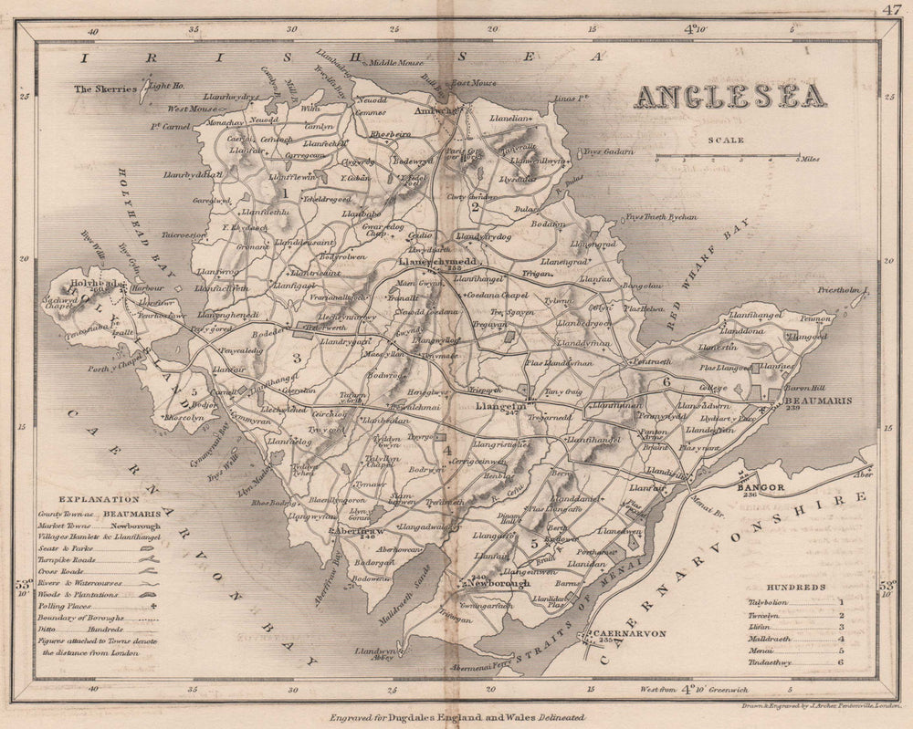 ANGLESEA county map by DUGDALE/ARCHER. Seats polling places 1845 old