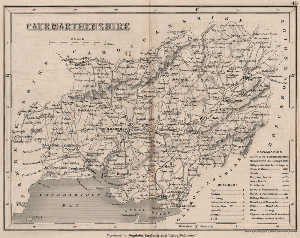 CAERMARTHENSHIRE county map by DUGDALE/ARCHER. Carmarthenshire. Seats 1845