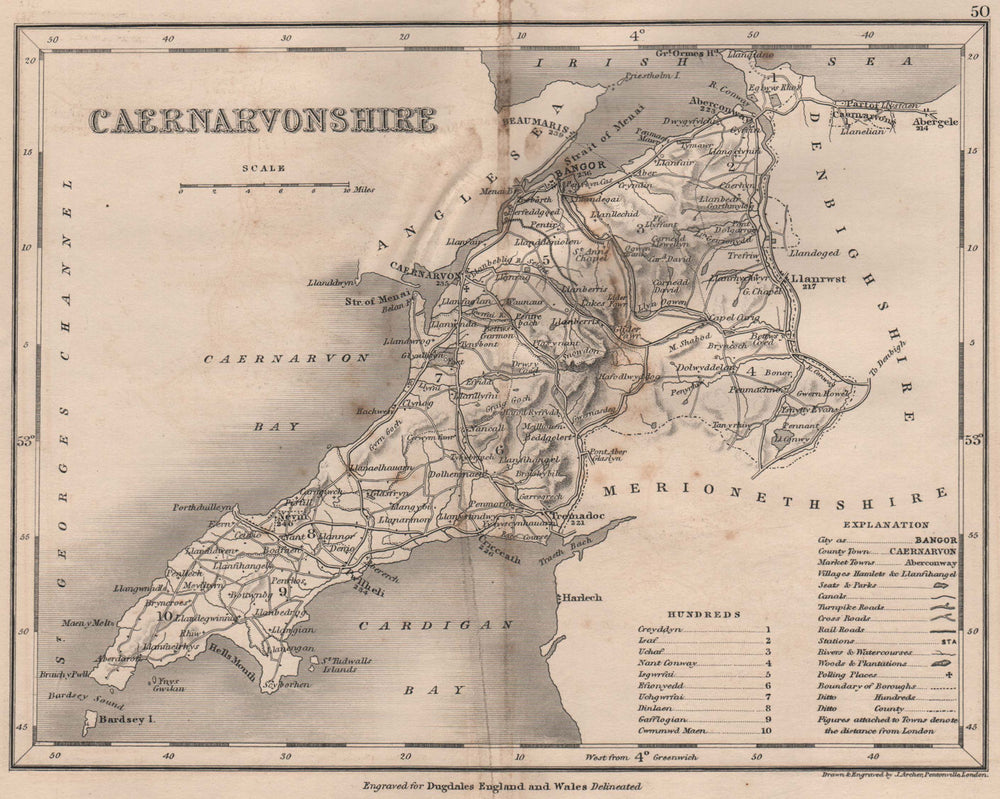 CAERNARVONSHIRE county map by DUGDALE/ARCHER. Caernarfonshire. Seats 1845