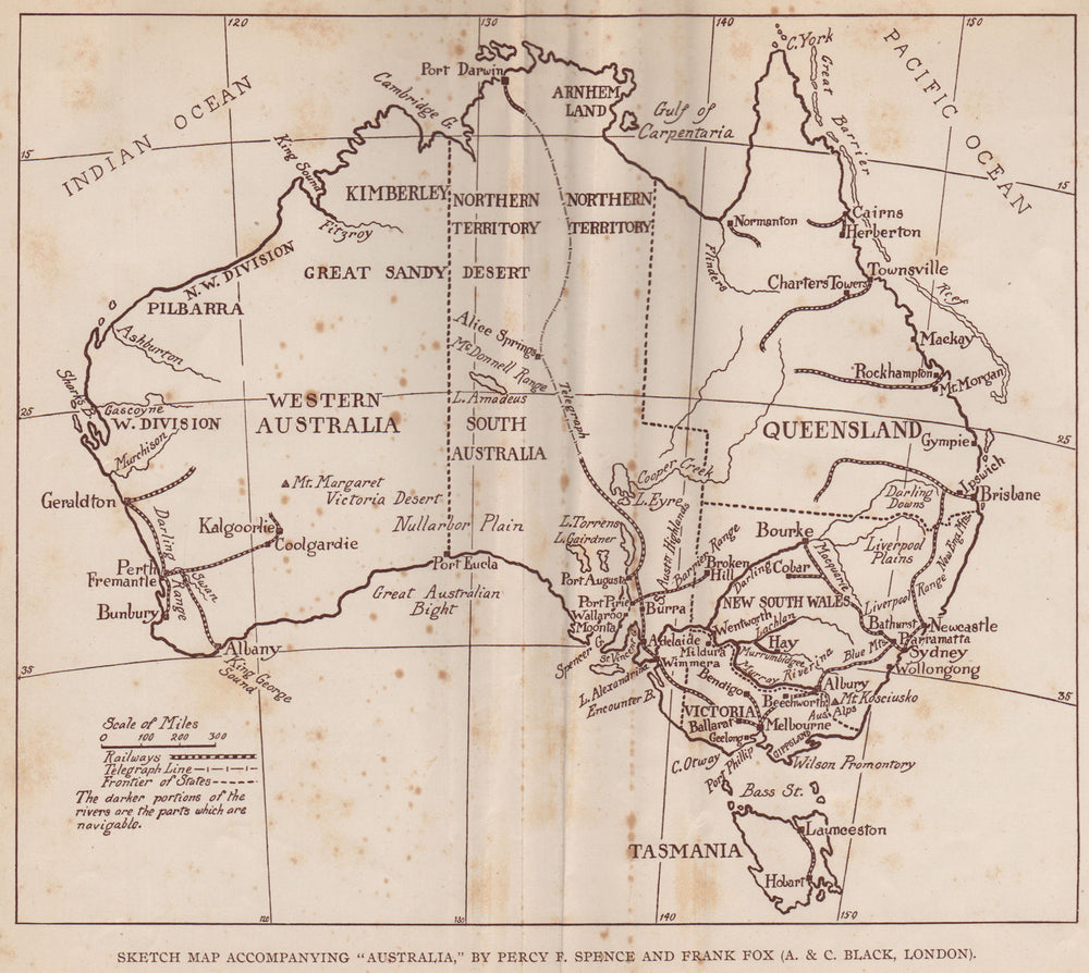 AUSTRALIA showing railways, telegraph lines & navigable rivers 1910 old map