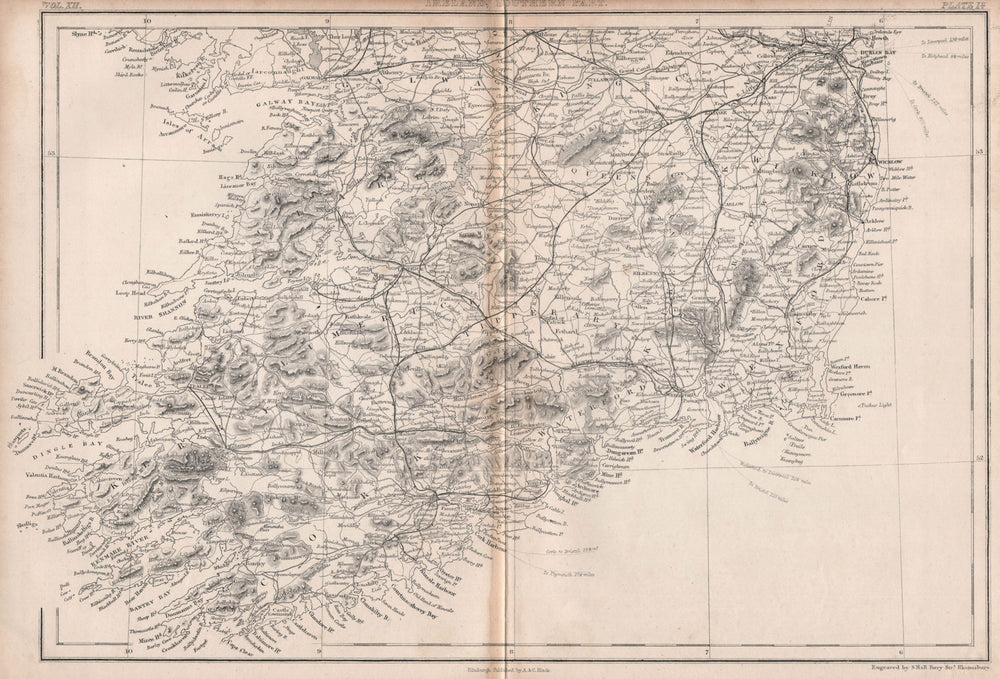 IRELAND SOUTH. Railways & coaching routes. BRITANNICA 1860 old antique map