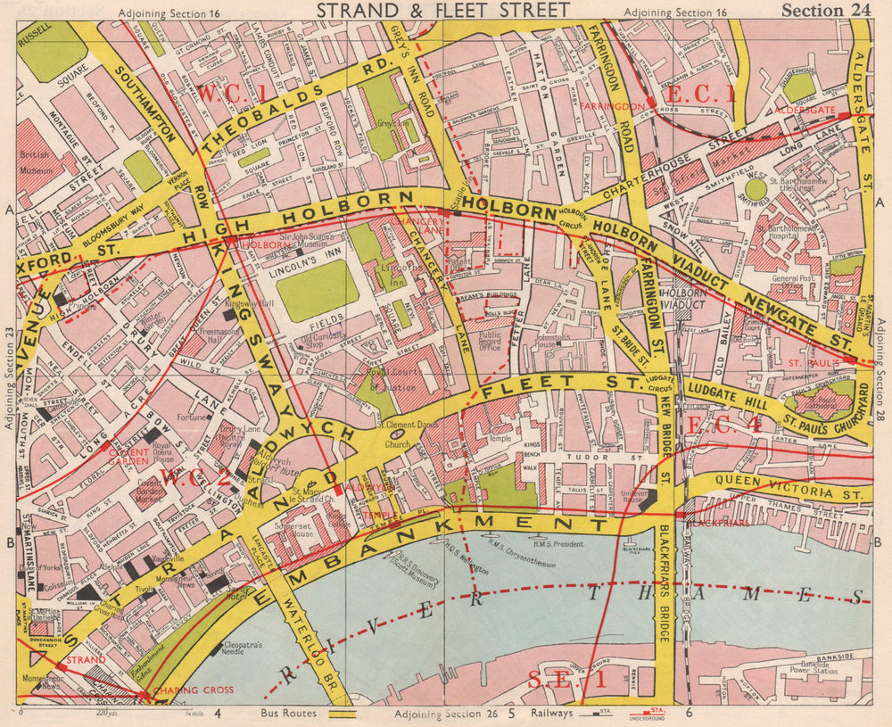 LONDON WC2 EC4 WC1 EC1. Covent Garden Holborn St Paul's Strand. BACON 1959 map