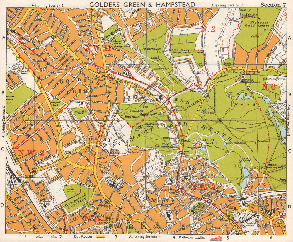 NW LONDON. Golders Green Hampstead Child's Hill Cricklewood. BACON 1968 map