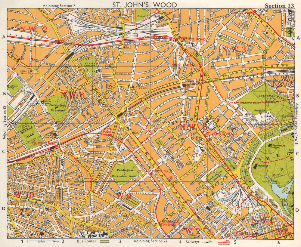 NW LONDON. St John's Wood Belsize Park Maida Vale Queens Park. BACON 1968 map