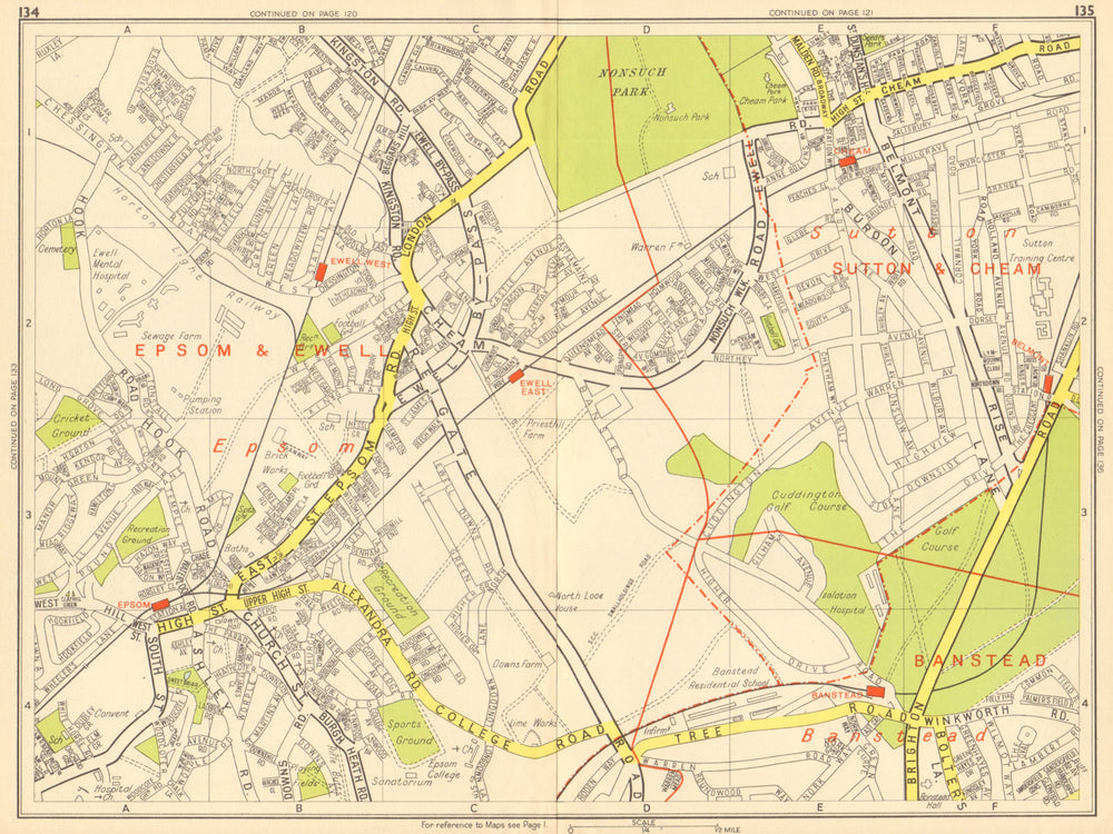 EPSOM & EWELL Cheam Belmont Banstead Sutton. GEOGRAPHERS' A-Z 1948 old map