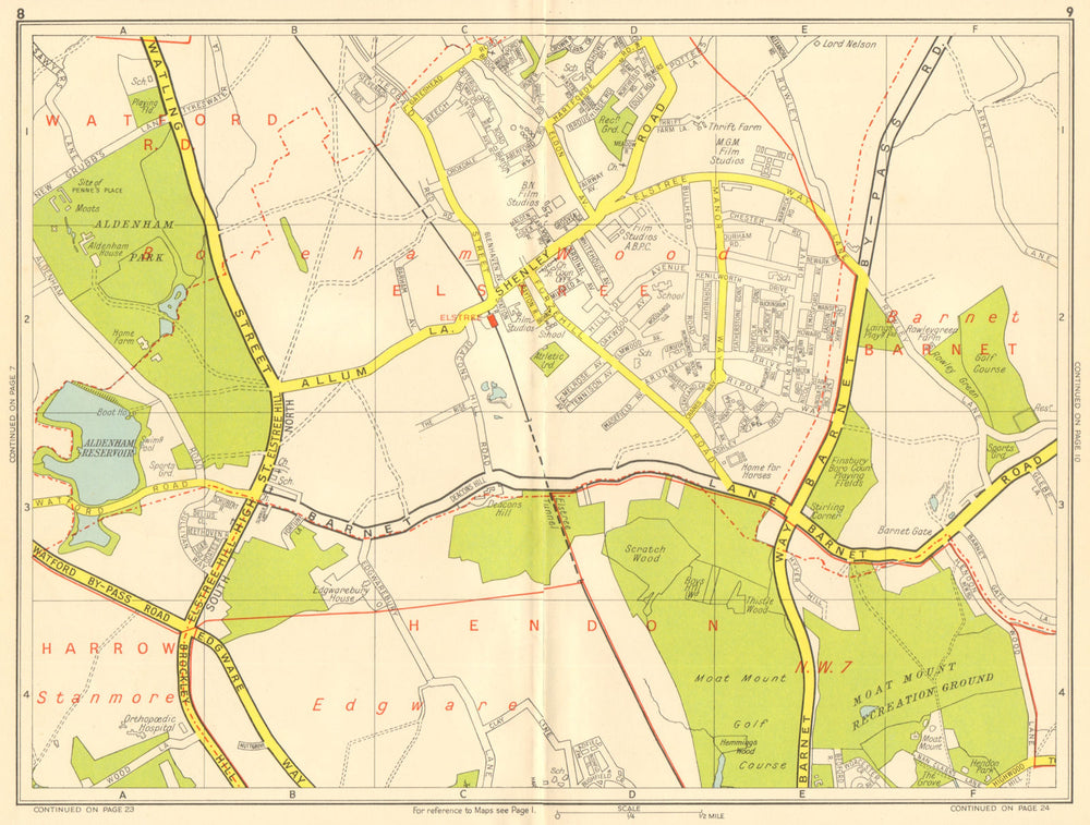 ELSTREE Barnet Borehamwood Hendon Stanmore NW7. GEOGRAPHERS' A-Z 1959 old map