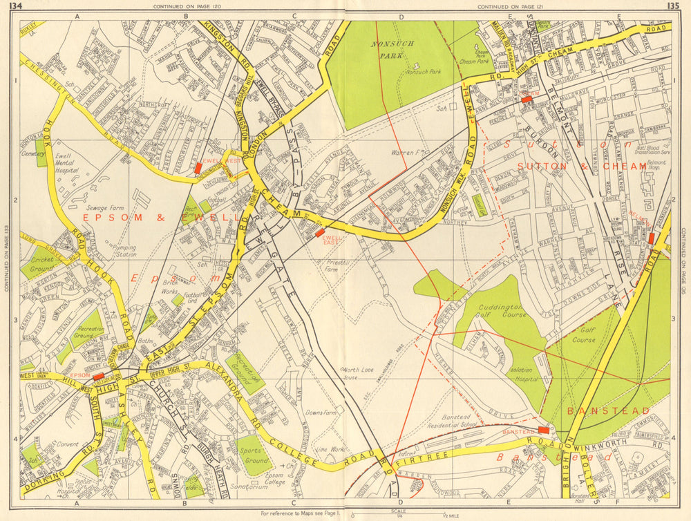 EPSOM & EWELL Cheam Belmont Banstead Sutton. GEOGRAPHERS' A-Z 1959 old map
