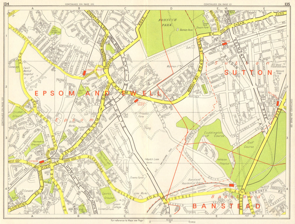 EPSOM & EWELL Cheam Belmont Banstead Sutton. GEOGRAPHERS' A-Z 1964 old map