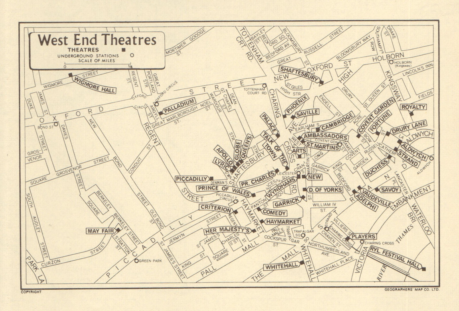 LONDON West End Theatres GEOGRAPHERS A Z 1964 Old Vintage Map Plan P 6 068524a 
