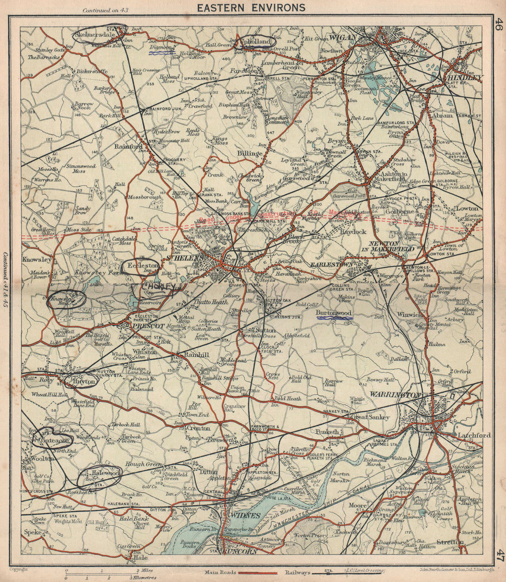 MERSEYSIDE Warrington St Helens Wigan Widnes. A580 under construction 1928 map