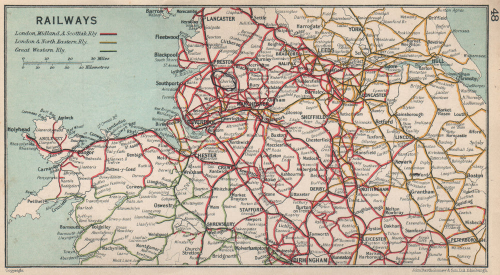 NW ENGLAND RAILWAYS Great Western London & North Eastern LMS 1928 old map