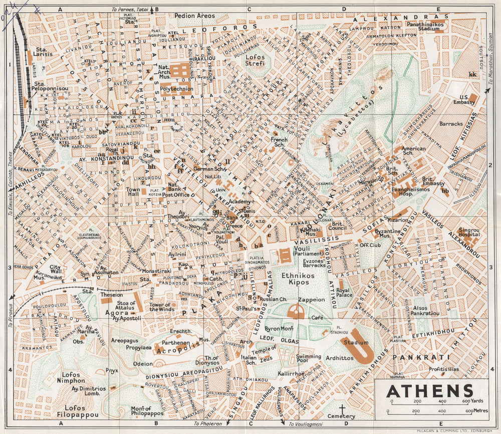 ATHENS. Vintage town city map plan. Greece 1967 old vintage chart