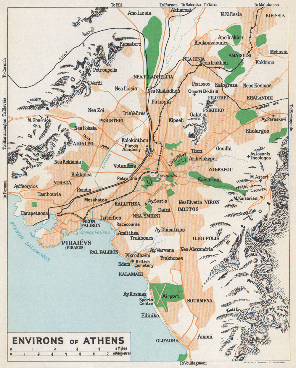 ATHENS ENVIRONS vintage map plan. Piraeus. Greece 1967 old vintage chart