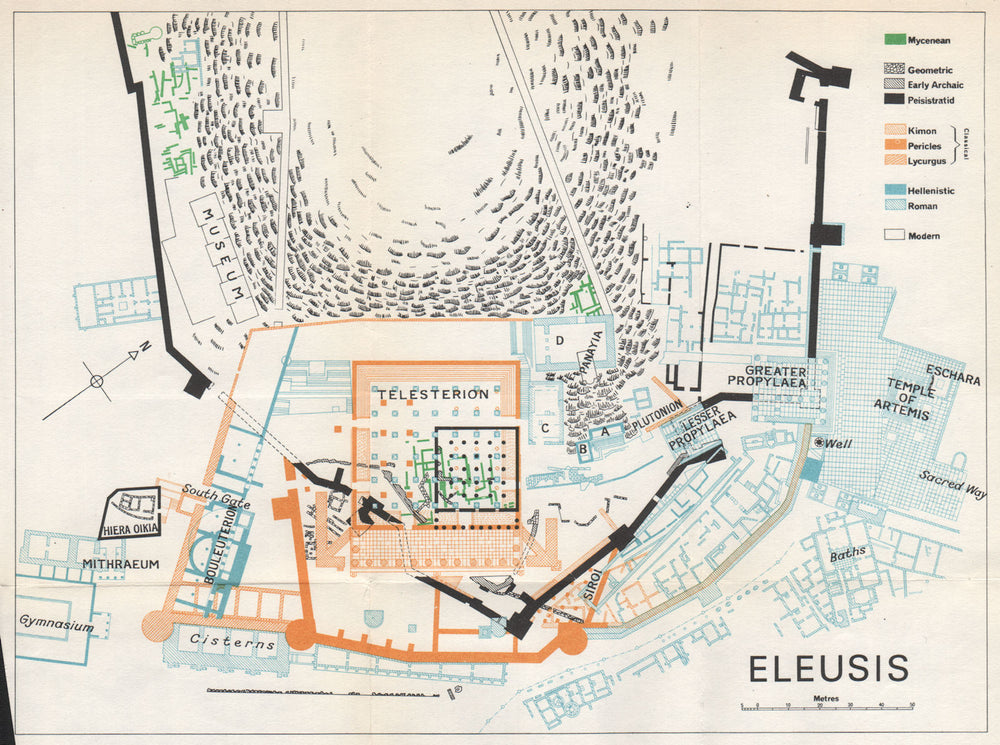 ELEUSIS ELEFSINA ground plan. Historical development. Greece 1967 old map