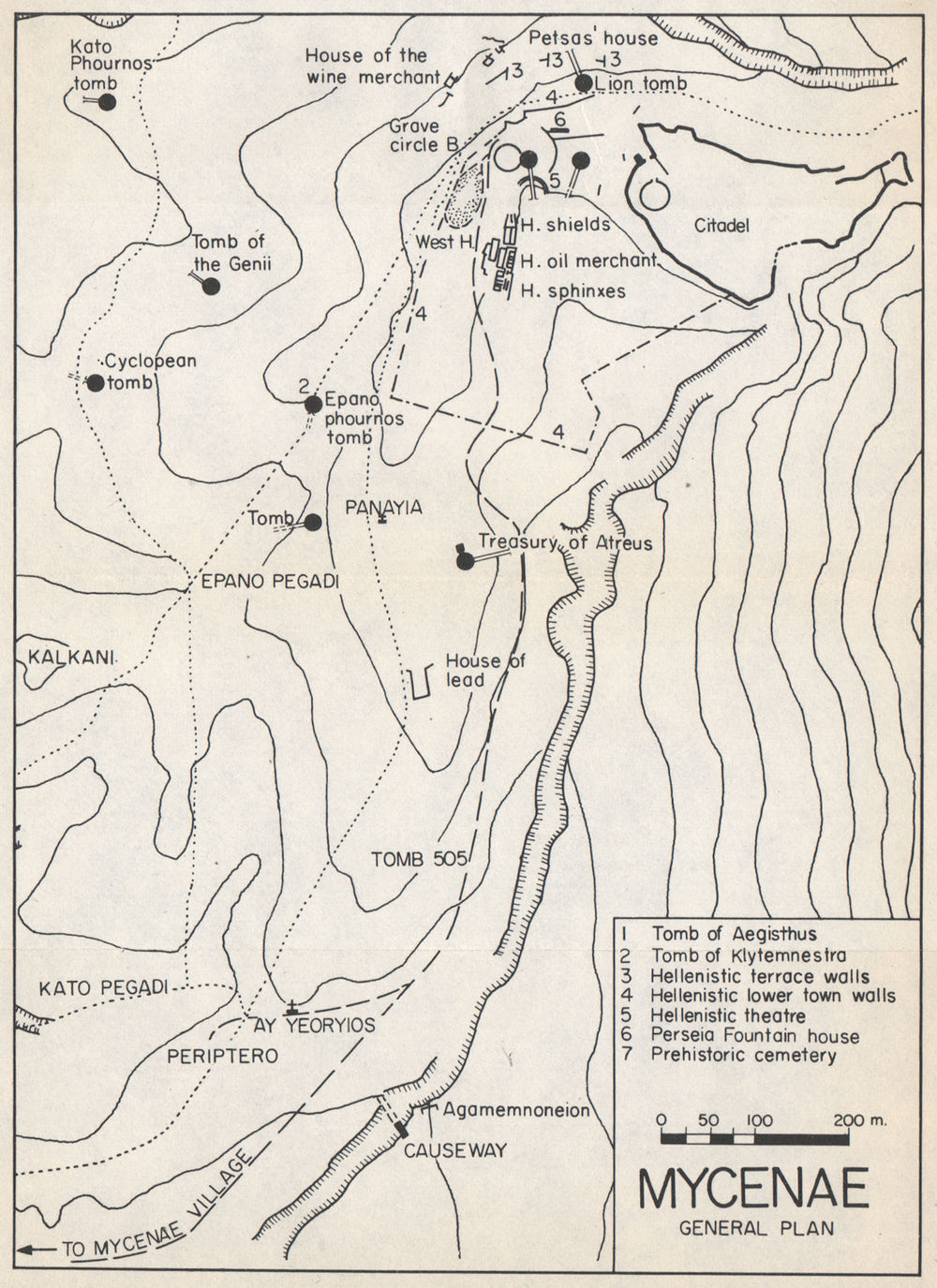 MYCENAE vintage ground plan. Peloponnese, Greece 1967 old vintage map chart