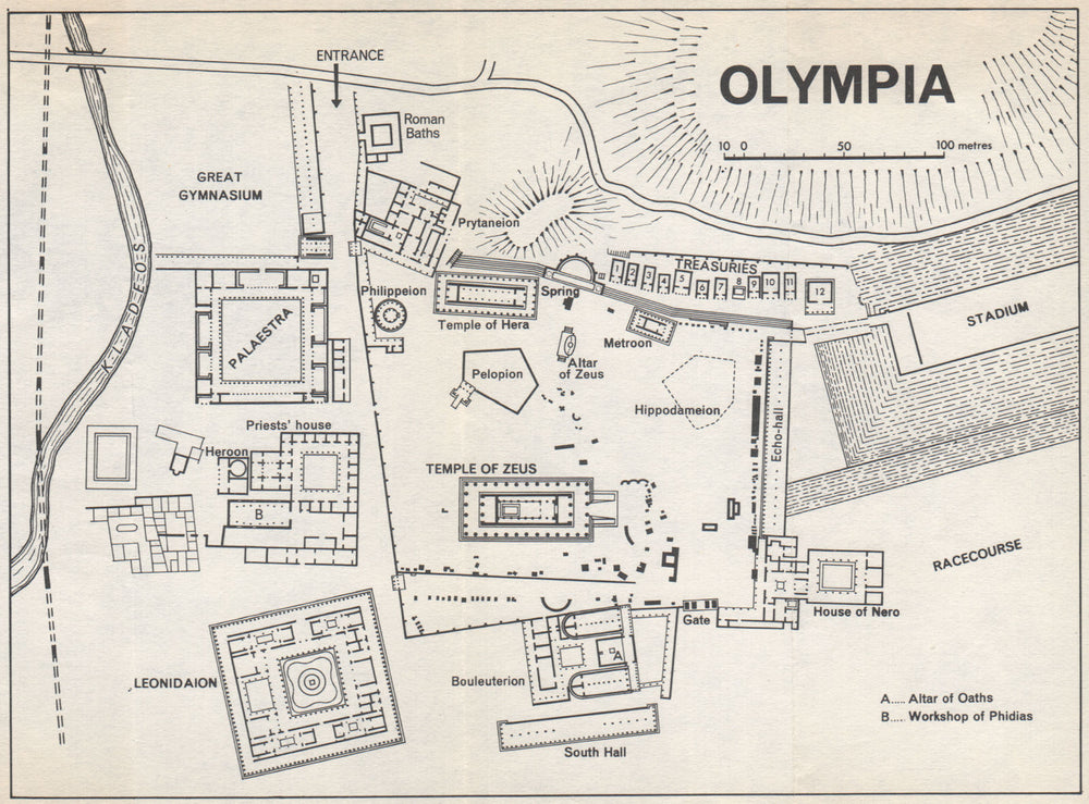 Ancient OLYMPIA vintage ground plan. Greece 1967 old vintage map chart