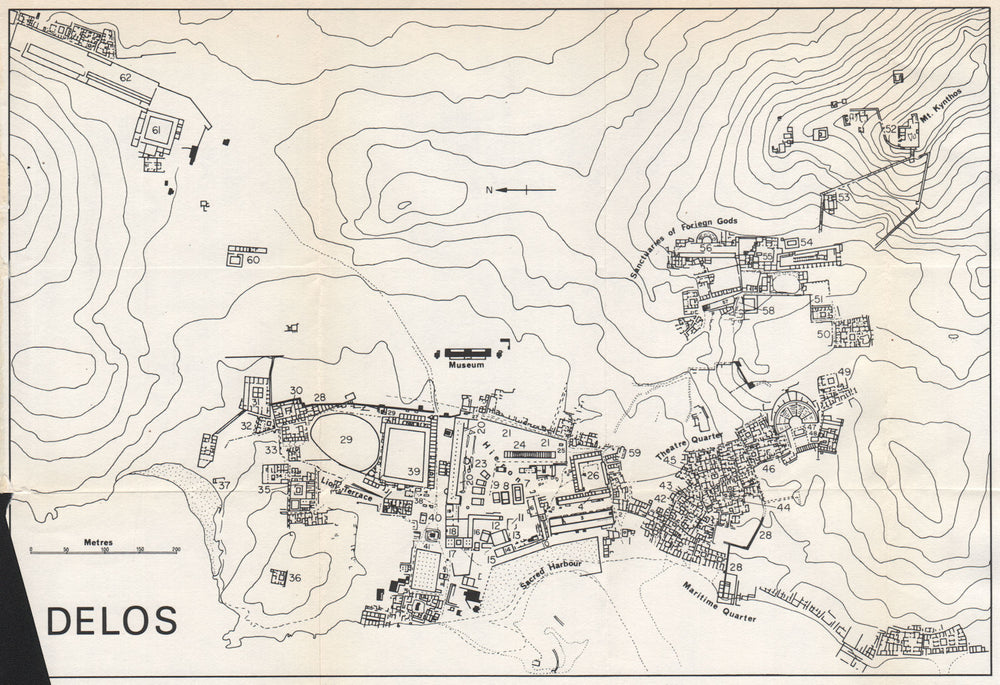 DELOS vintage ground plan. Cyclades, Greece 1967 old vintage map chart