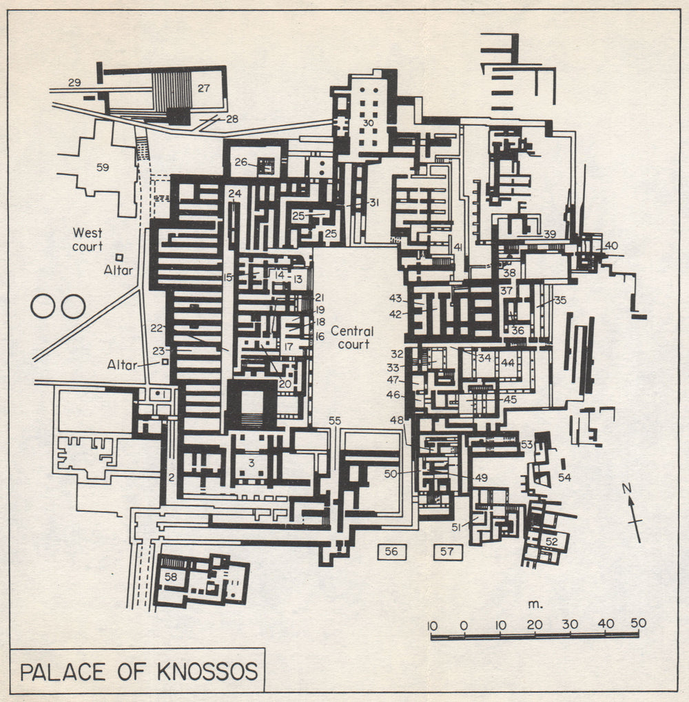 PALACE OF KNOSSOS vintage ground plan. Cnossos. Crete. Greece 1967 old map
