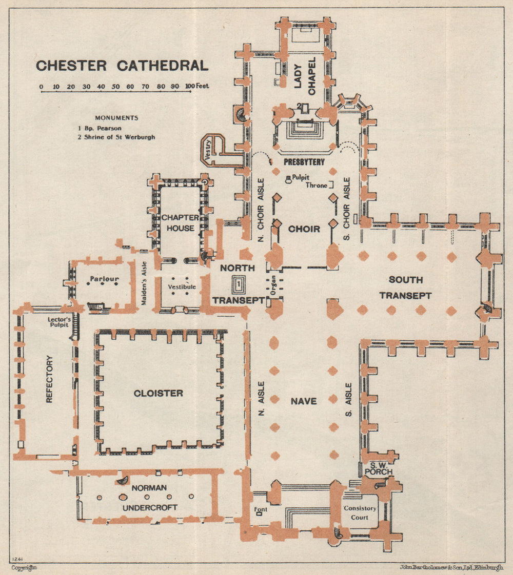 CHESTER cathedral vintage floor plan. Cheshire 1957 old vintage map chart