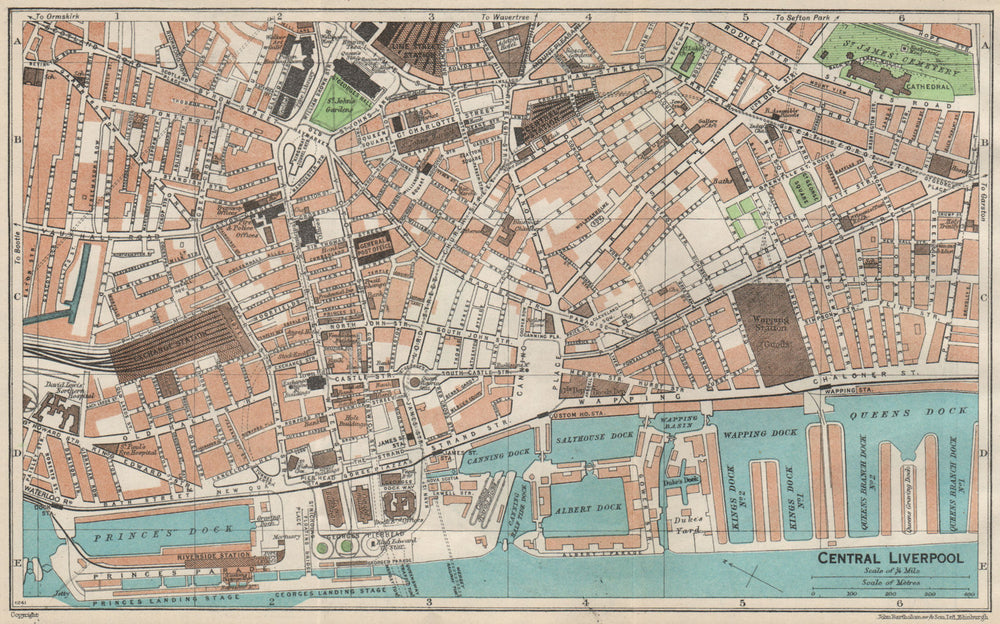 CENTRAL LIVERPOOL. Vintage town city map plan. Liverpool 1957 old vintage
