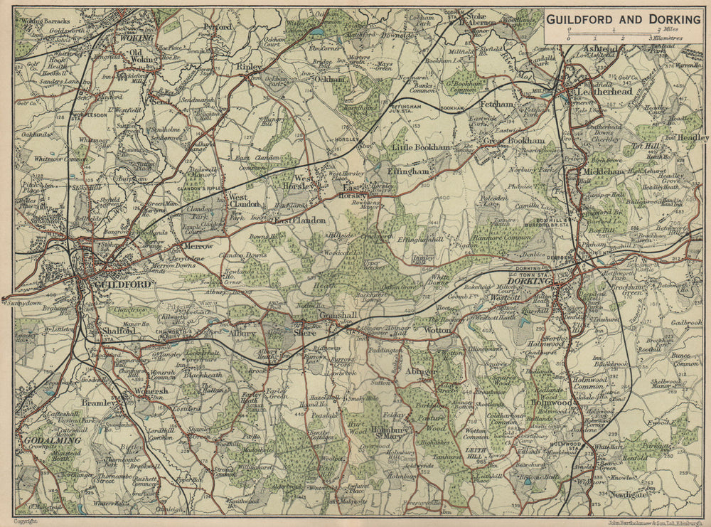 GUILDFORD, DORKING & LEATHERHEAD. Surrey Hills. Godalming Woking 1939 old map
