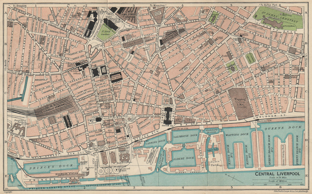 CENTRAL LIVERPOOL. Vintage town city map plan. Liverpool 1939 old vintage