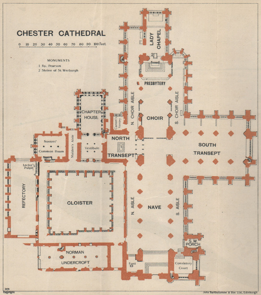 CHESTER cathedral vintage floor plan. Cheshire 1939 old vintage map chart