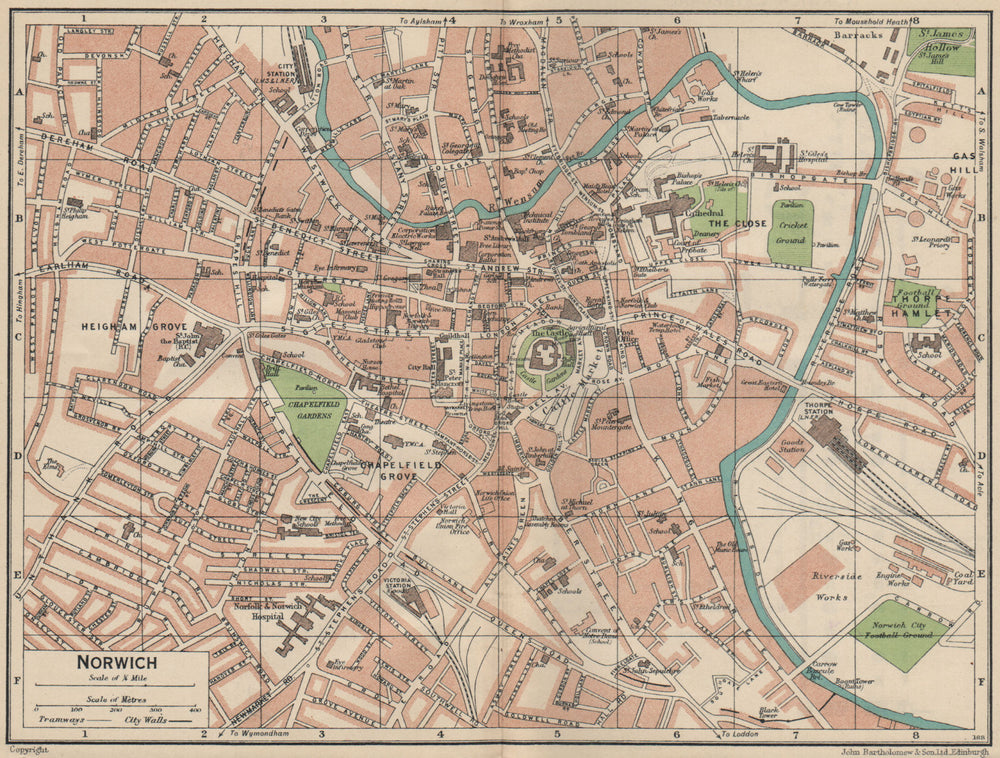 NORWICH. Vintage town city map plan. Norfolk 1939 old vintage chart