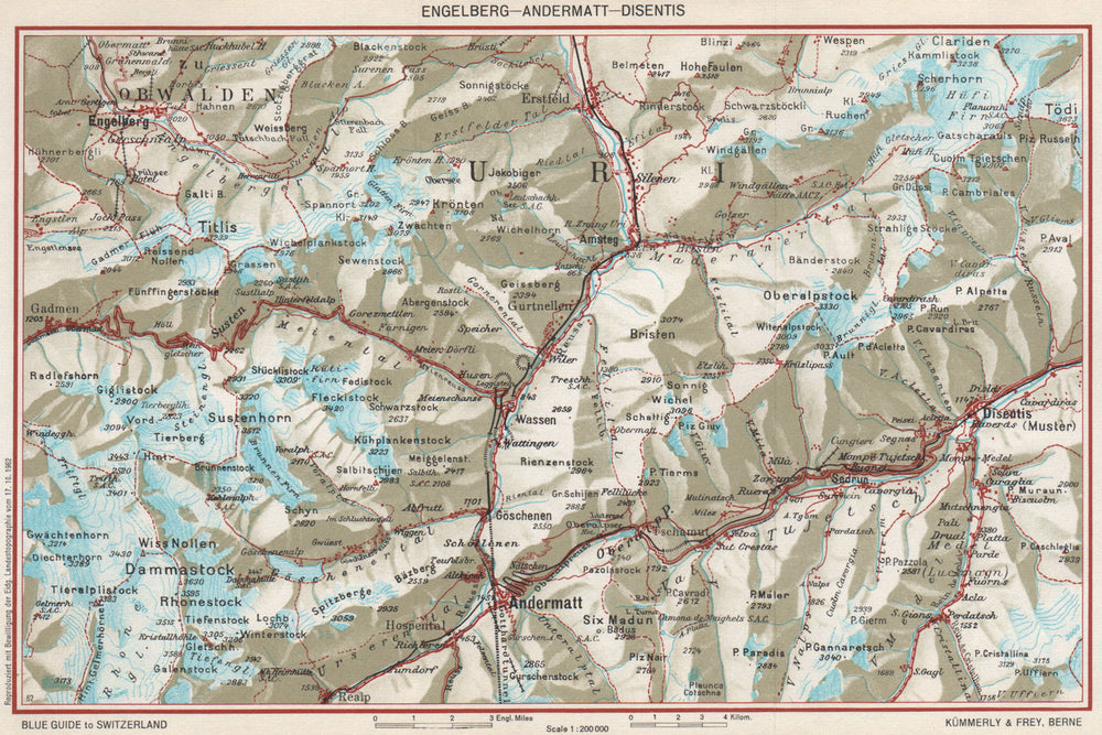 ENGELBERG ANDERMATT DISENTIS-SEDRUN. Uri Grisons Berne. Vintage map 1963
