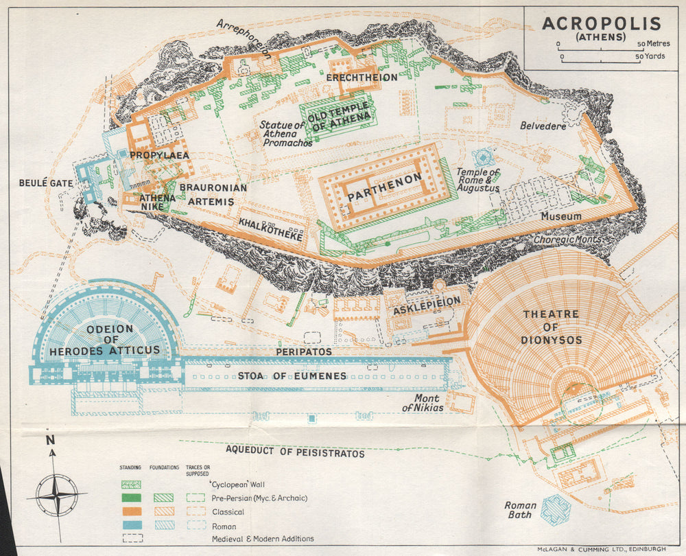 ACROPOLIS ground plan. Historical development. Classical Roman. Athens 1962 map