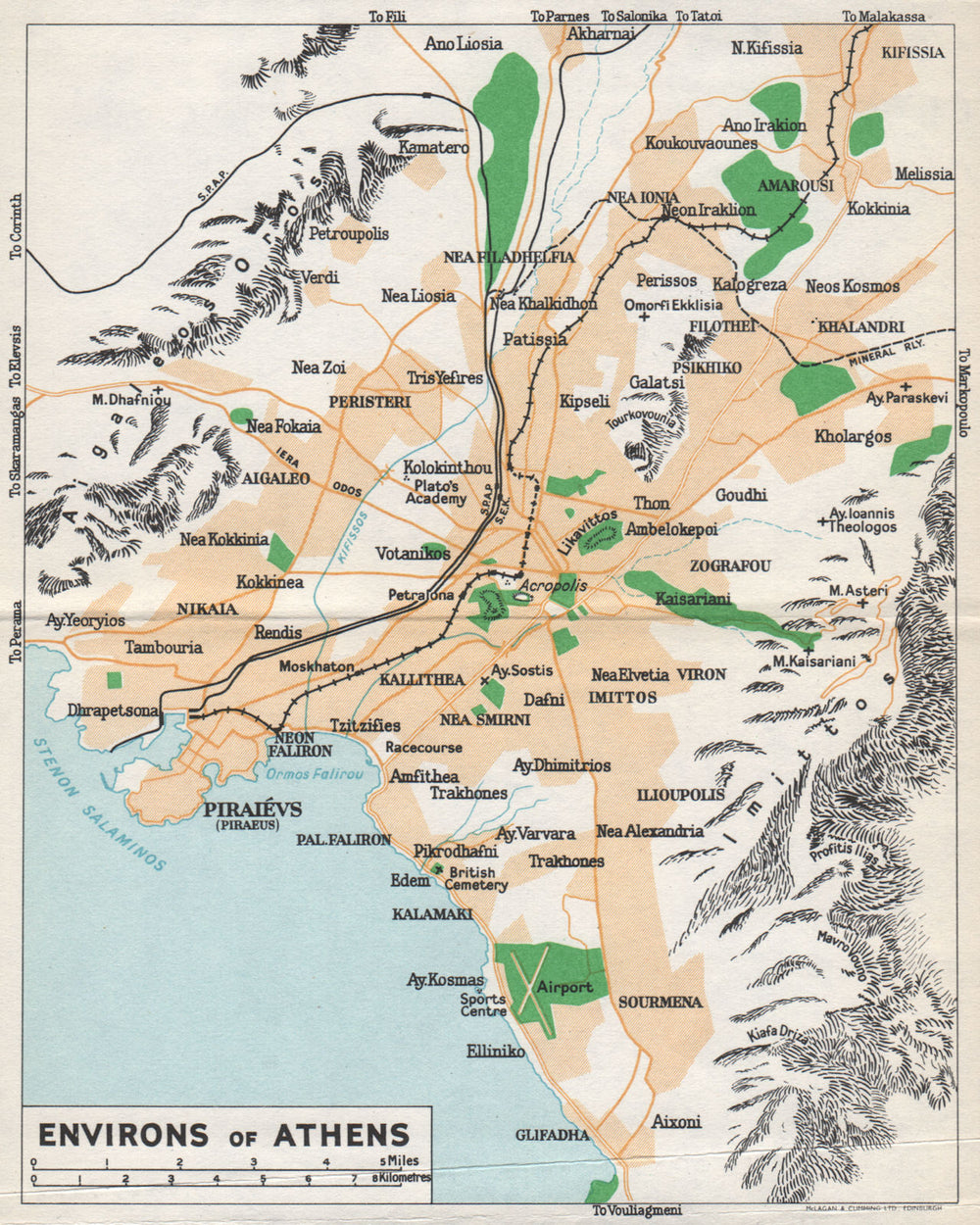ATHENS ENVIRONS vintage map plan. Piraeus. Greece 1962 old vintage chart
